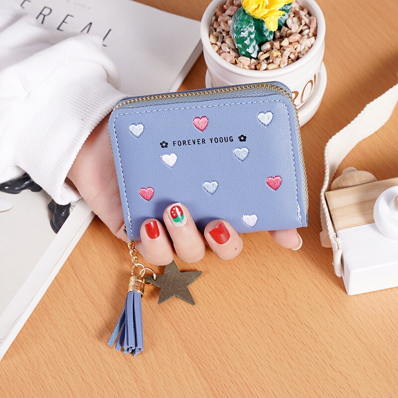 Carteira curta bordado bolsa de embreagem carteira zíper pequena menina moeda bolsa carteira: Azul