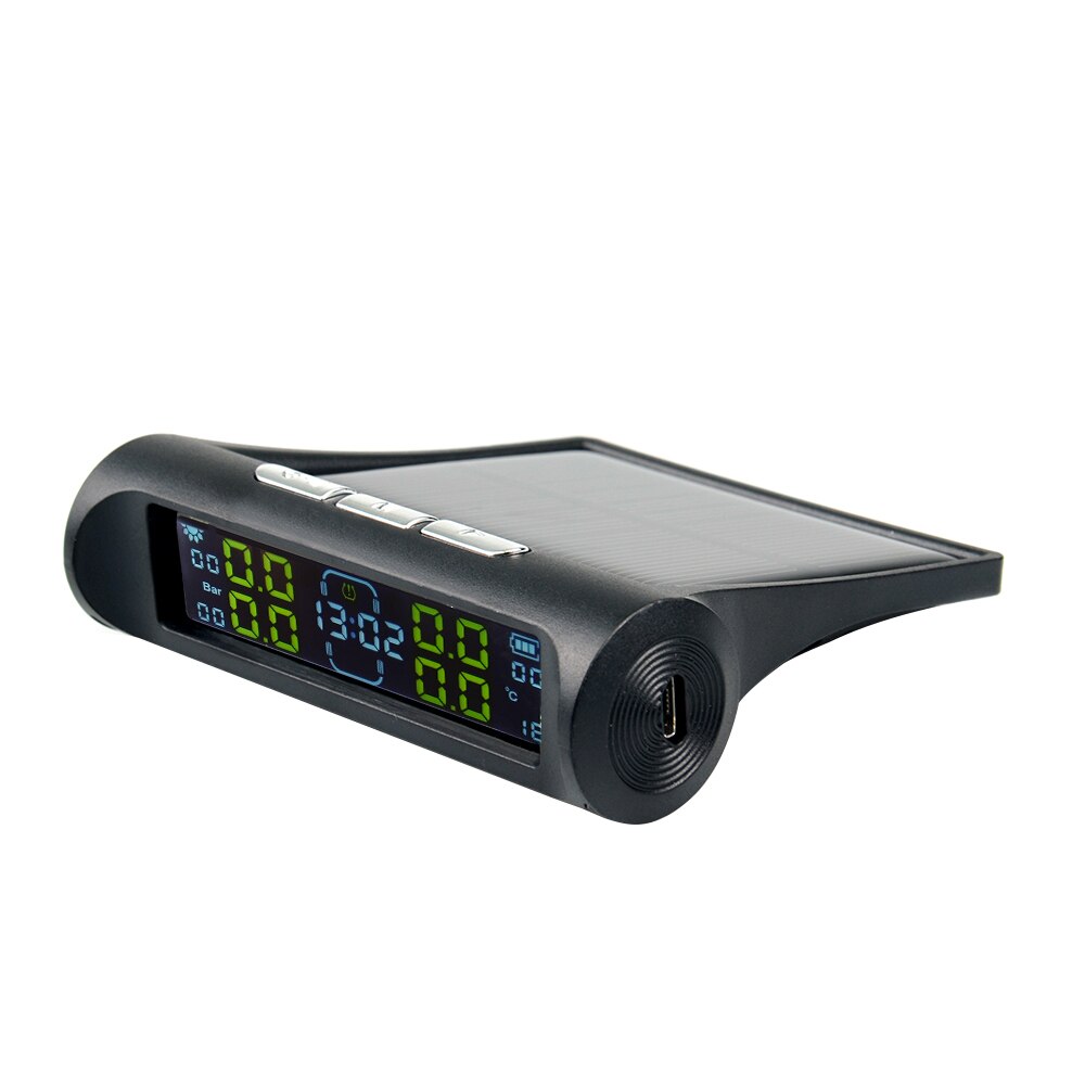 TPMS Wireless Tire Pressure Monitoring System Solar Power Clock LCD Display 4 External/Internal Sensor Tire Pressure Sensors