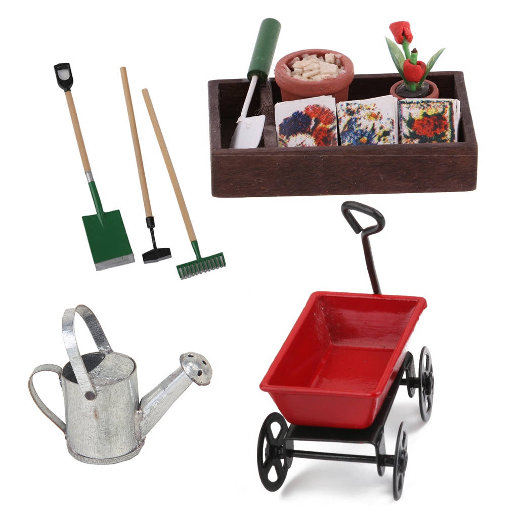 1/12 Dollhouse Miniature Horticulture Box, Pulling Cart & Garden Tools Kids DIY Accessories