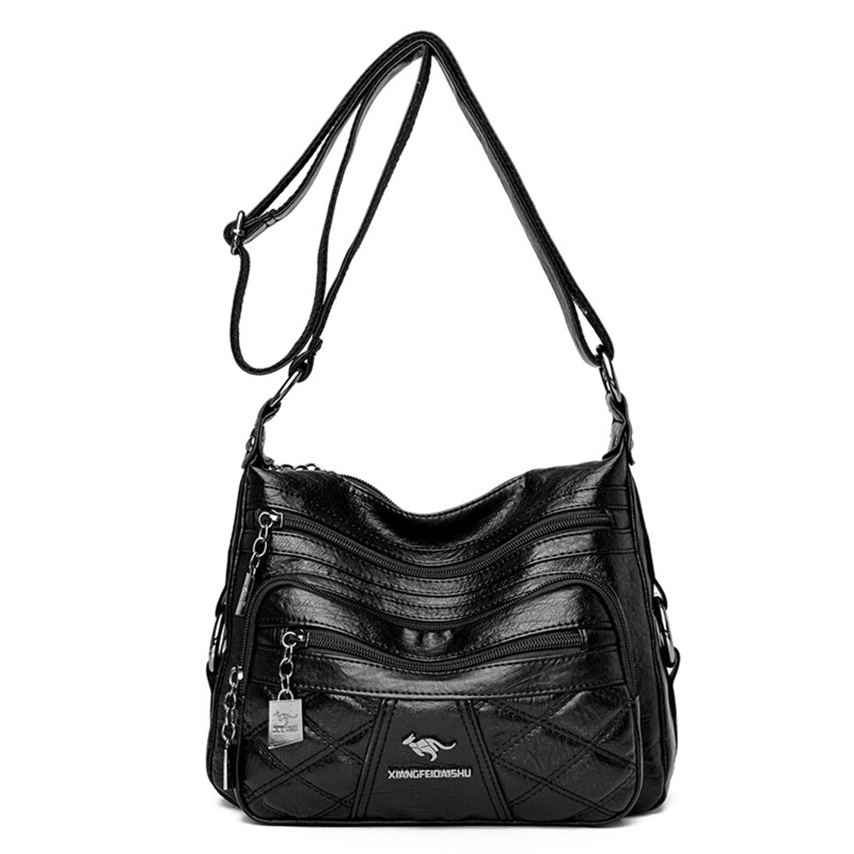 Diamant Gitter Viele Taschen Schulter Tasche Weiche Leder Umhängetaschen für Frauen Damen Reisetasche Handtaschen: schwarz