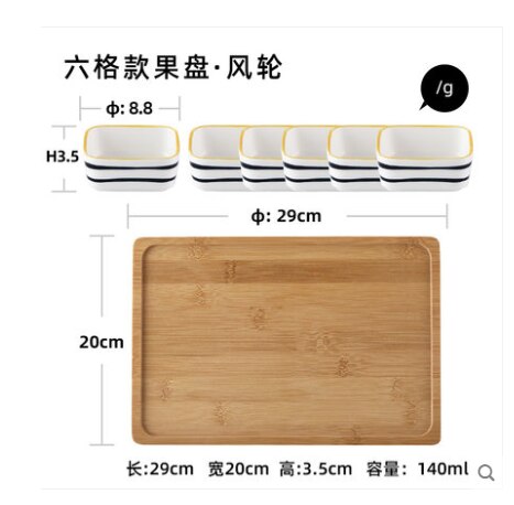 Plato divisor de cerámica para el hogar, bandeja de madera, plato de aperitivos de estilo japonés, con rejilla dividida, plato de fruta seca: N-6PCS
