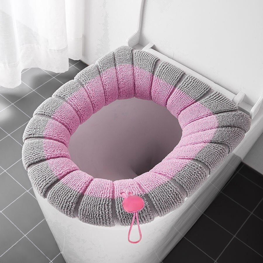 Winter Warm Toilet Seat Cover Closestool Mat 1Pcs Washable Bathroom Accessories Knitting Pure Color Soft O-shape Pad Bidet Cover: Pink-Gray