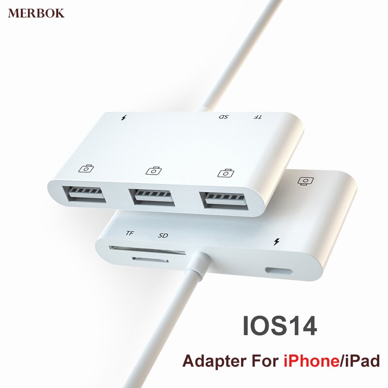 OTG IOS14 Adapter For iPhone 12 Pro Max / iPad Docking Station Lighting to 3USB TF/SD Multi-Function Card Reader Port Replicator