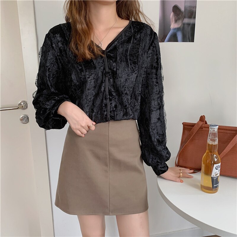Aelegantmis kobiety czarny biały V szyja koronkowa aksamitna bluzka kobiety elegancki francuski styl kobieta w stylu klasyczny z długim rękawem aksamitne bluzki retro