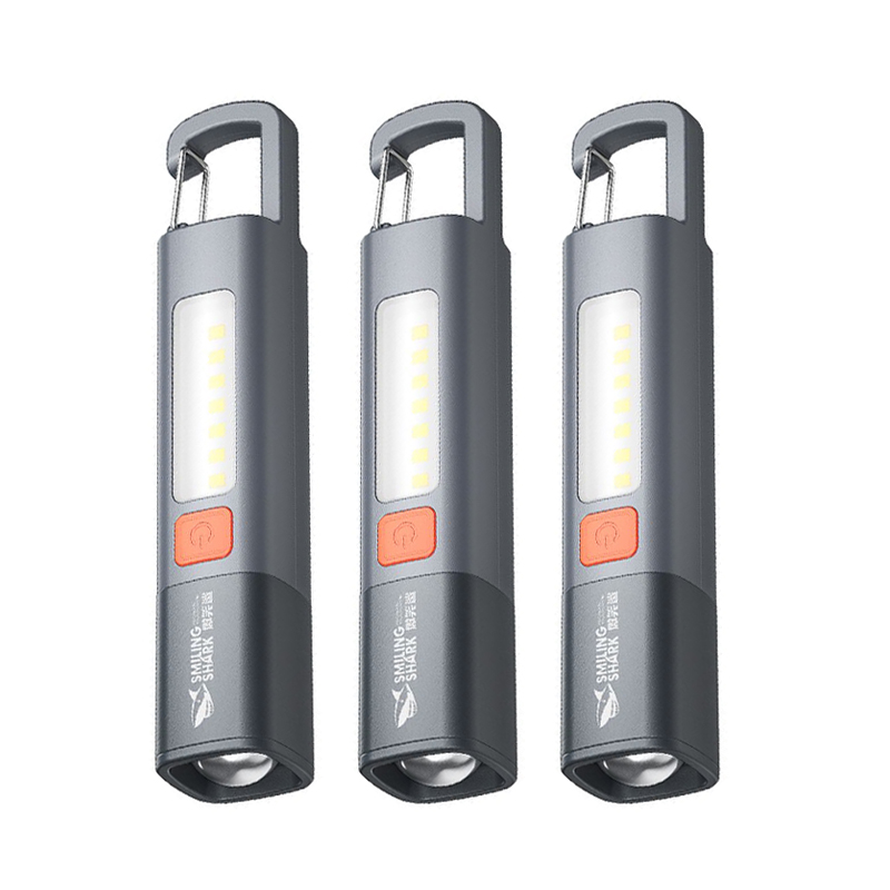 SMILING SHARK Portable LED Flashlight USB Rechargeable with Hook Zoomable Torch for Outdoor Camping Hiking Emergency Lantern