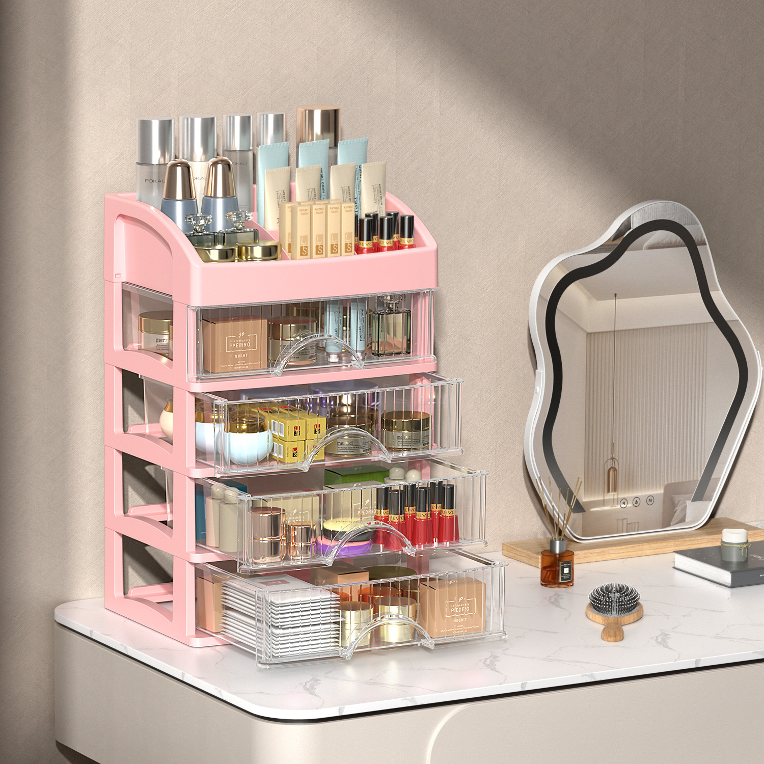 Caixa de armazenamento de mesa gaveta de armazenamento decoração de cabelo armário de armazenamento multi-camada cosméticos caixa de jóias papelaria multifuncional: Borgonha