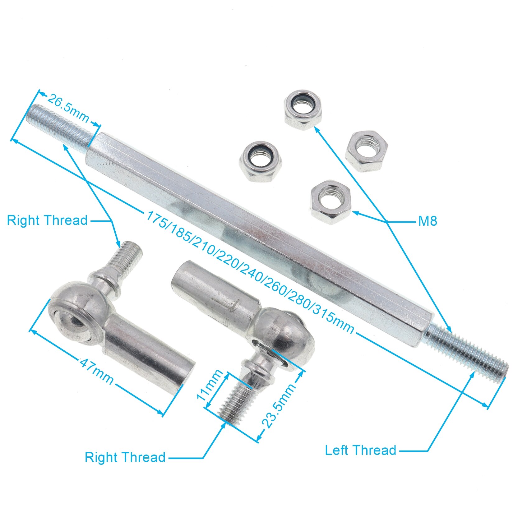 1 Pair 175 185 210 220 240 260 280 315mm M8 Ball Joint Steering Bar Bolt Tie Rod Kits for 49cc Mini Chinese ATV Quad Bike