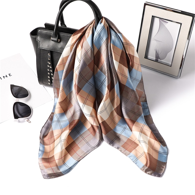 Zomer Vrouwen Sjaal Mode Plaid Print Zijden Sjaals Vierkante Kleine Size Haar Neck Bandana Sjaals Foulard