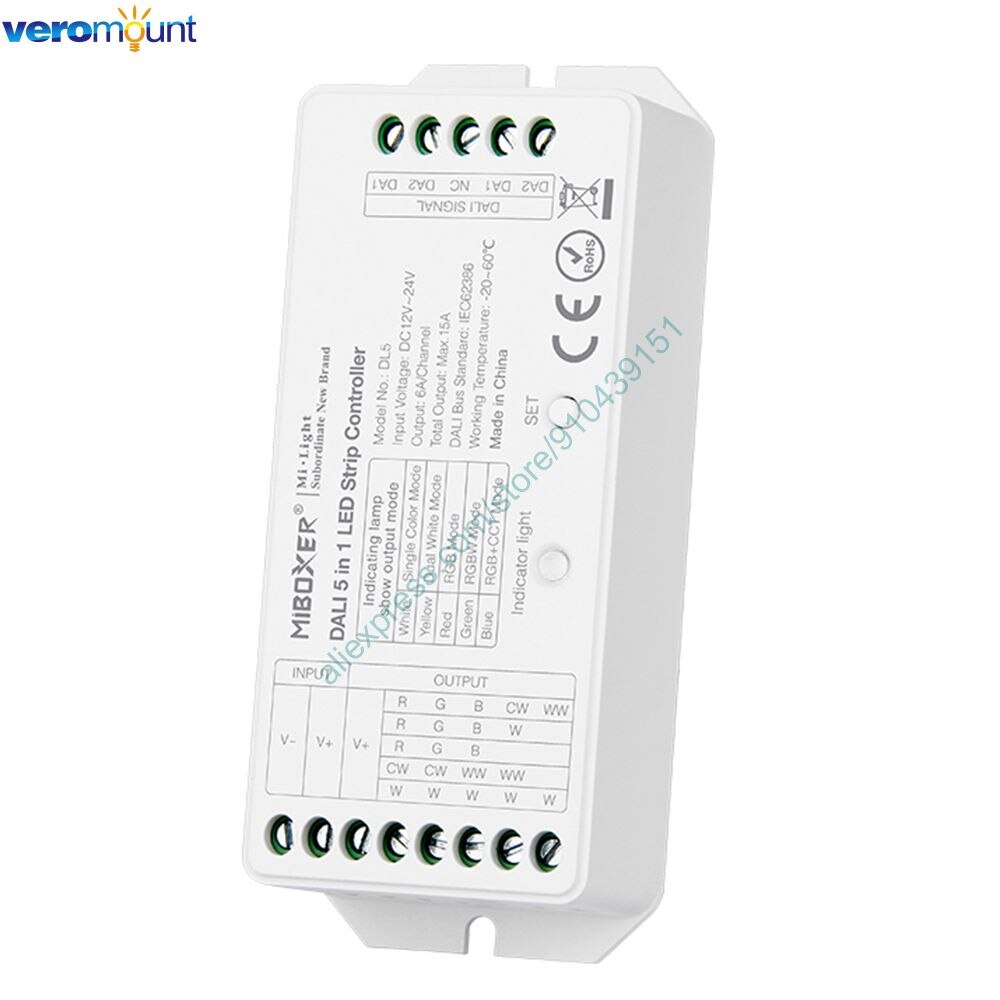 MiBoxer DL5 DALI 5 in 1 LED Strip Controller DC 12~24V 15A for Single Color, CCT, RGB, RGBW, RGBCCT LED Strip Can Remote Control