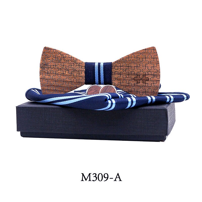 Træ bowtie + lommetørklæde + manchetknapper sæt til herre jakkesæt træ butterfly bowknots puslespil bryllupsfest jul slips: M309- a