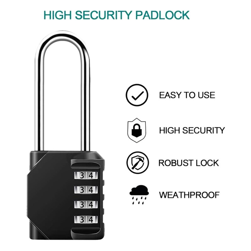 2x Zinc Alloy 4-Digit Code Locks Anti-Theft Padlocks Long Beam Padlocks Weatherproof and Self-Recovery Locks