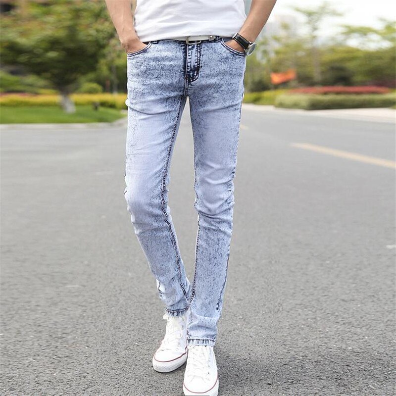 Herre vintage slim monteret mænds lyseblå jeans elastik skinny jeans cool hip hop denim afslappet joggers bukser: 29