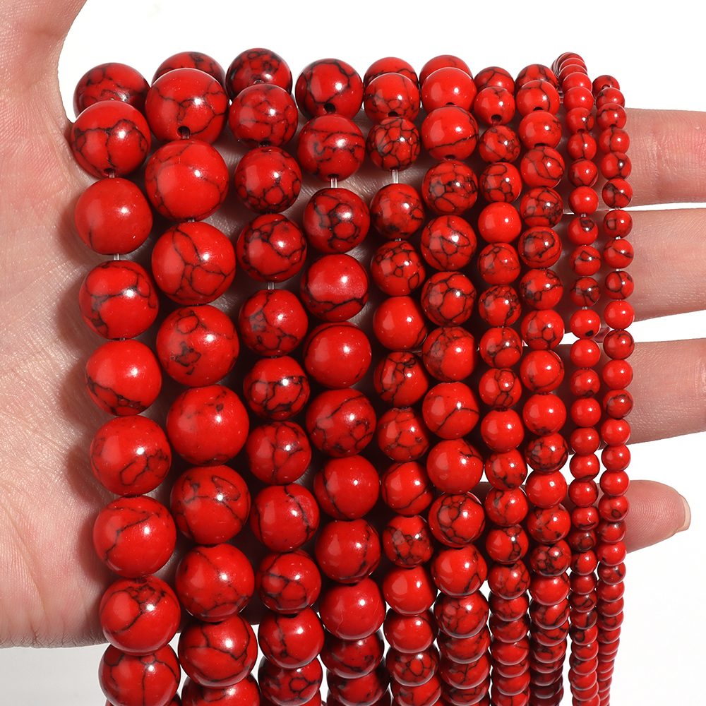 Perles Rondes en Pierre Turquoise Naturelle Rouge, Couleur Noire, 4, 6, 8, 10, 12mm, pour Bricolage, Bracelet, Collier, Bijoux