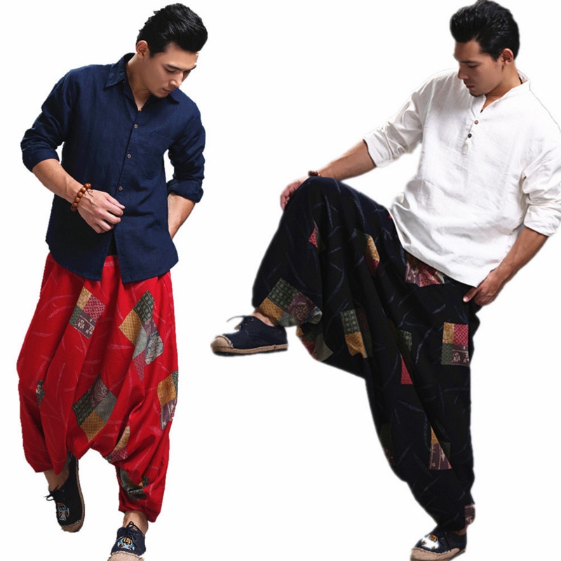 Mannen Etnische Broek Lente Herfst Indiase Nepalese Stijl Kostuums Yoga Casual Breed-Legged Gedrukt Linnen Elastische Broek