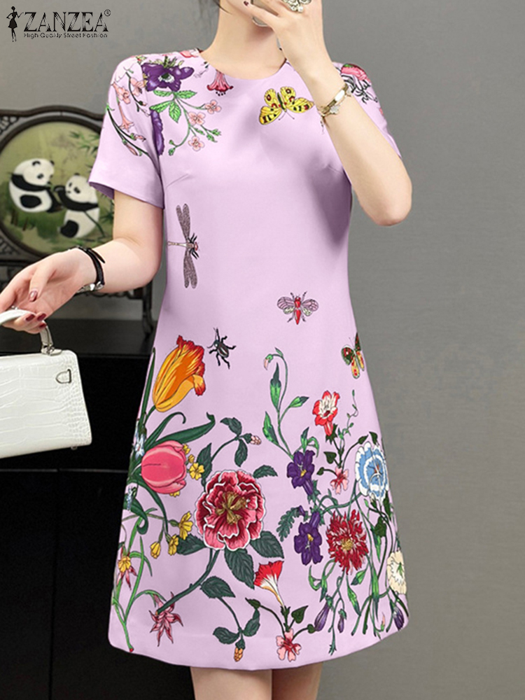 Zanzea zomerjurk met bloemenprint voor dames, stijlvolle feestjurken, korte mouwen, werkjurk, zomerjurk, bohemian vestidos