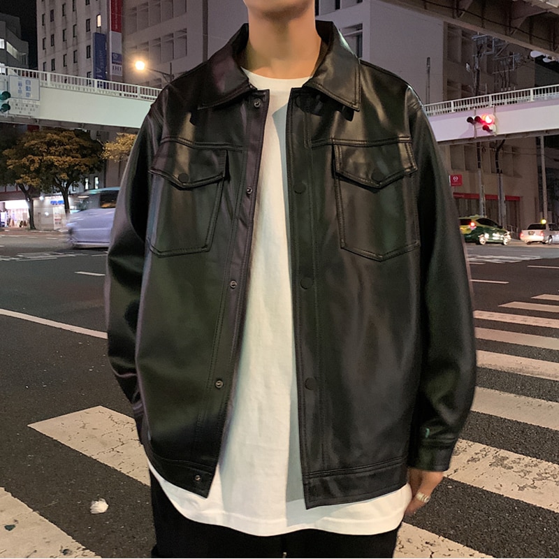 Pu Faux Leren Jas Mannen Bomber Jas Single-Breasted Losse Mode Toevallige Lange Mouwen Streetwear Zwart Lederen Jas