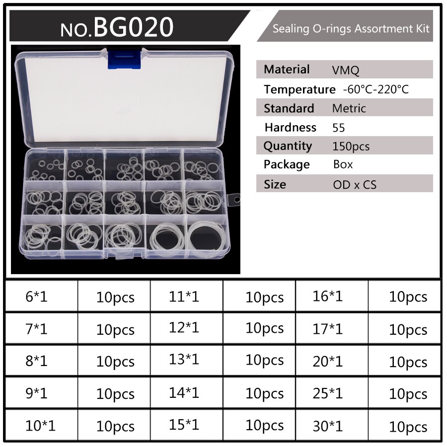 Silicone VMQ Blanc Joints toriques OD 6mm-20mm CS 1.5mm 1.9mm Durable JOINTS TORIQUES Assortiment Kit 10 Tailles 150 Pièces/ensemble BG037: BG020 x1