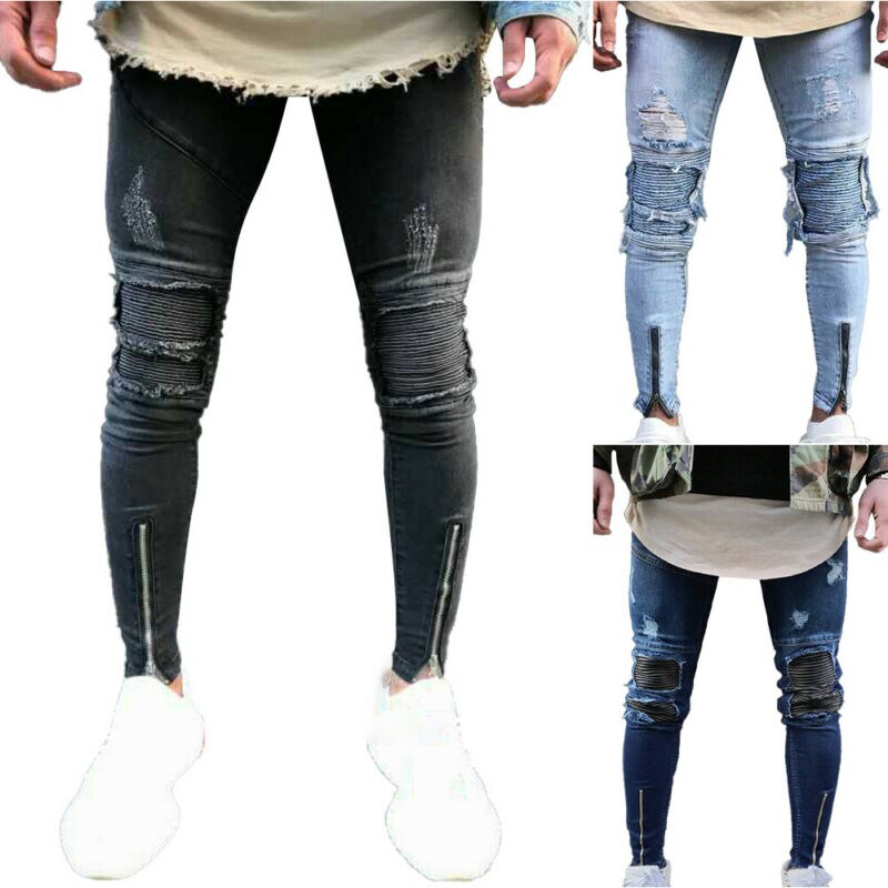 Männer Gerissen Ausgefranst Dünne Jeans Hosen schlank passen betrübt Denim Hosen BöHöhle
