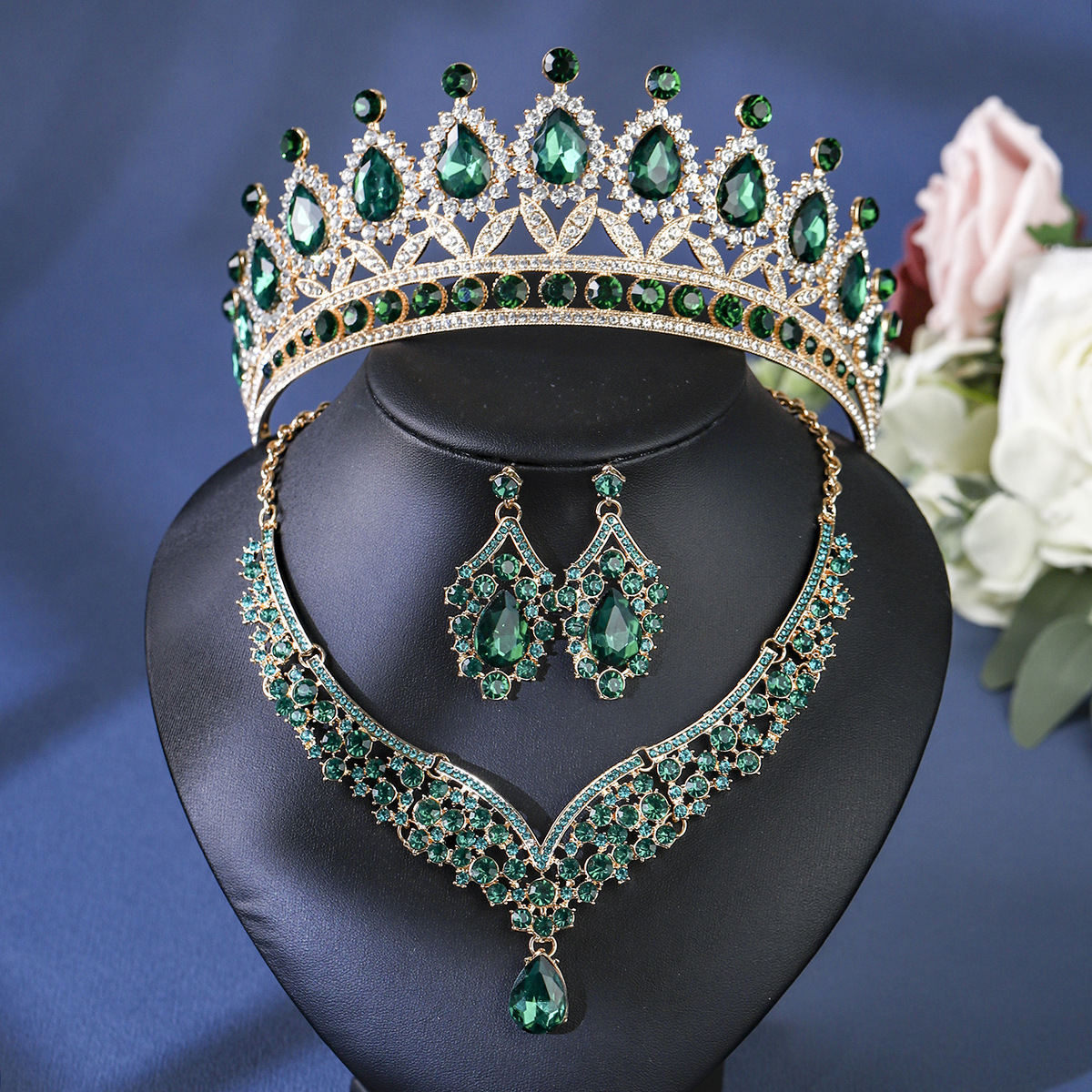 Barokke Kristal Strass Bruidssieraden Sets voor Vrouwen Trouwjurk Kroon Oorbel Tiara Ketting Set Prom Bruid Sieraden Sets: green