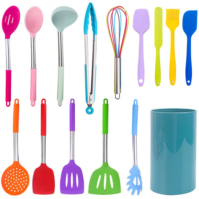 15Pcs Cooking Utensils Set Stainless Steel Silicone Kitchen Utensil Set Non-stick Spatula with Storage Box Cooking Tools: color