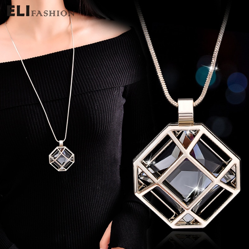 ELIfashion Octagon Shape Cage Rhinestone Inside Pendant Necklace Long Chain Jewelry For Women In Winter 2 Colors Choice