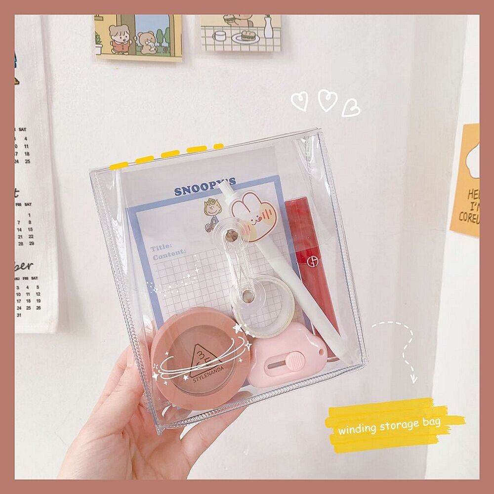 Sharkbang Multifunctional Thickened Transparent PVC Winding Storage Bag File Folder Desk Document Bag Makeup Organizer Bag 16CM: transparent