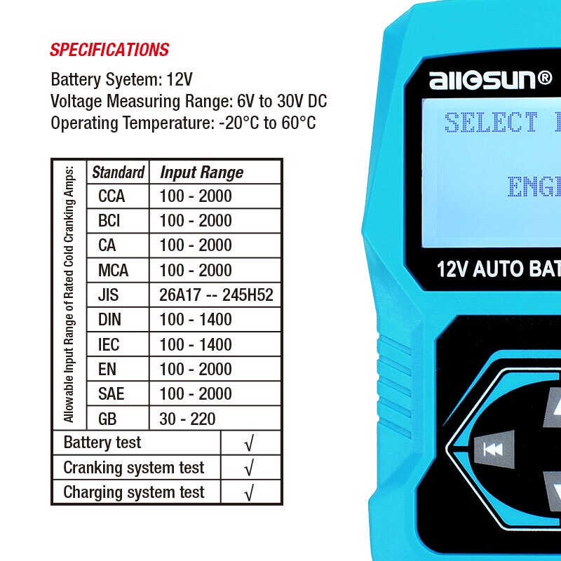 12V Automotive Vehicle Car Battery Tester 3 in 1 Multifunction Check Meter Digital Analyzer Diagnostic ALL-SUN EM571