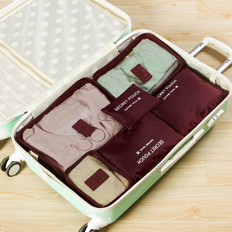 6 Stuks Waterdichte Reistassen Kleding Bagage Organizer Pouch Verpakking Verkoop Polyester Tidy Pouch Organisator Grote Capaciteit Duurzaam: Wine red