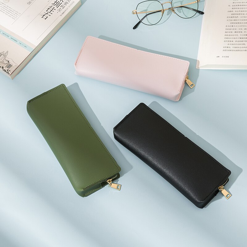 Leren driehoekige etui voor mannelijke en vrouwelijke studenten, grote capaciteit, eenvoudige textuur, goede, duurzame etui