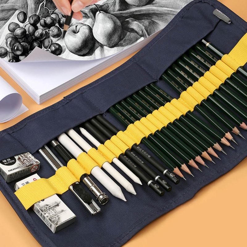 27pcs Sketch Pencil Set Sketching Drawing Roll Up Bags Kit Painter 1XCB