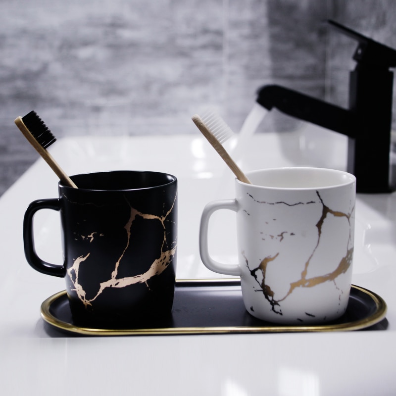 Tasses en céramique japonaise marbre plaqué or | Tasses à café blanc et noir, tasse de petit déjeuner