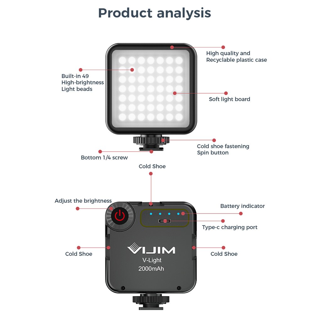 VIJIM v-light Mini luz LED para vídeo fotografía luz de relleno 5500K CRI95 + regulable con soporte de zapata fría para Smartphone Cámara Vlog