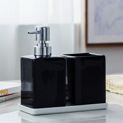 Ceramic Soap Dispenser White Black Bottle Hotel Bathroom Shower Gel Hand Sanitizer Bottle with Bamboo Tray 320ml: 9