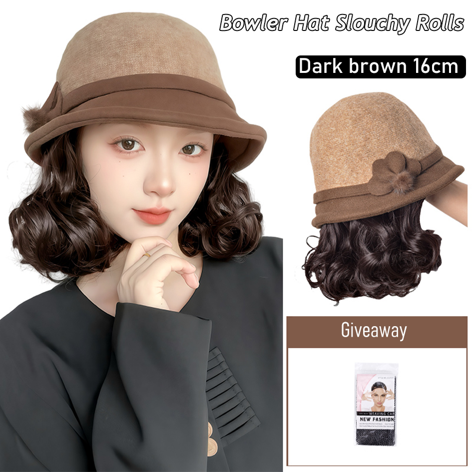 Synthetic 6inch plaid fisherman hat short curly hair wig brown princess curly roo cold warm horse roll Christmas: #2
