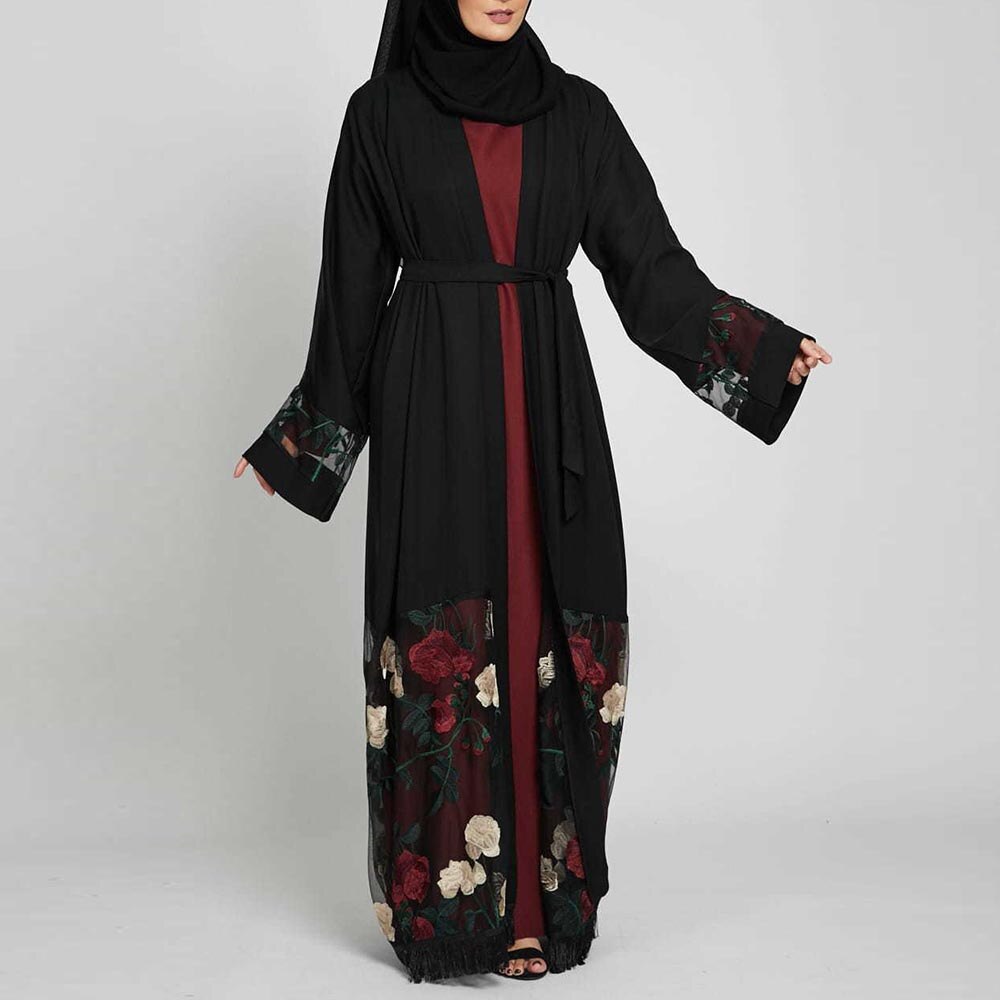 Midden-oosten ramadan kimono borduurwerk arabische cardigan kaftan islamitische kleding moslim vrouwen jurken open abaya dubai: Zwart / Ik (56)