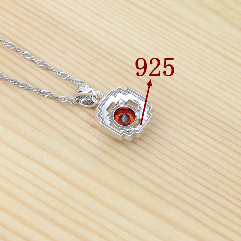 Conjunto de joyería de plata 925 para mujer, anillo redondo rojo granate, pendientes, pulsera, colgante, cadena, joyería cuadrada