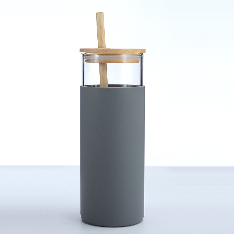 500ml bärbara silikonglas bambu lock halm vattenkopp sport vattenflaska kaffekopp med sugrör utomhus resa hemmakontor: Grå