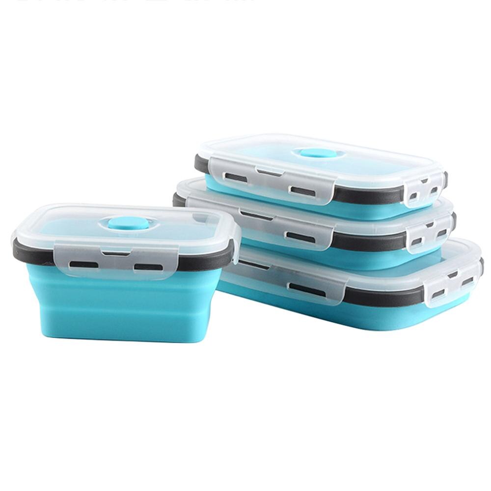 Portable Rectangular Silicone Collapsible Lunch Box Folding Food Keep Fresh Storage Container Eco-Friendly Lunchbox Bento Box: Blue 4pcs