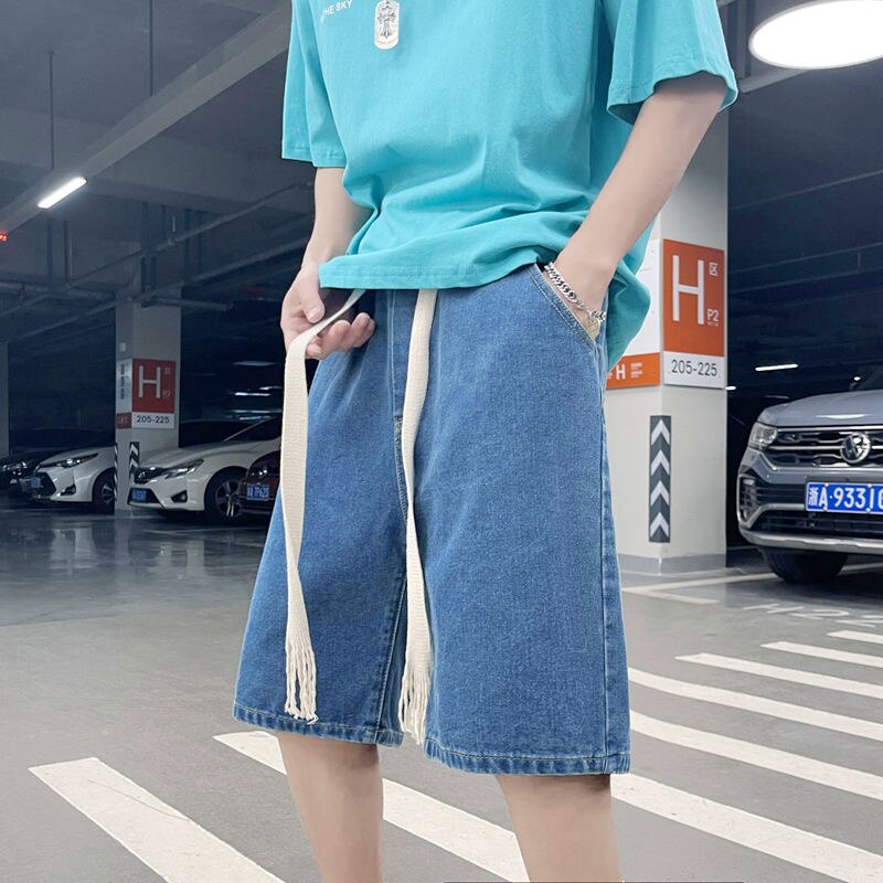 Summer Blue Black Denim Shorts Men Casual Drawstring Denim Shorts Mens Streetwear Loose Straight Jeans Shorts Men S-3XL