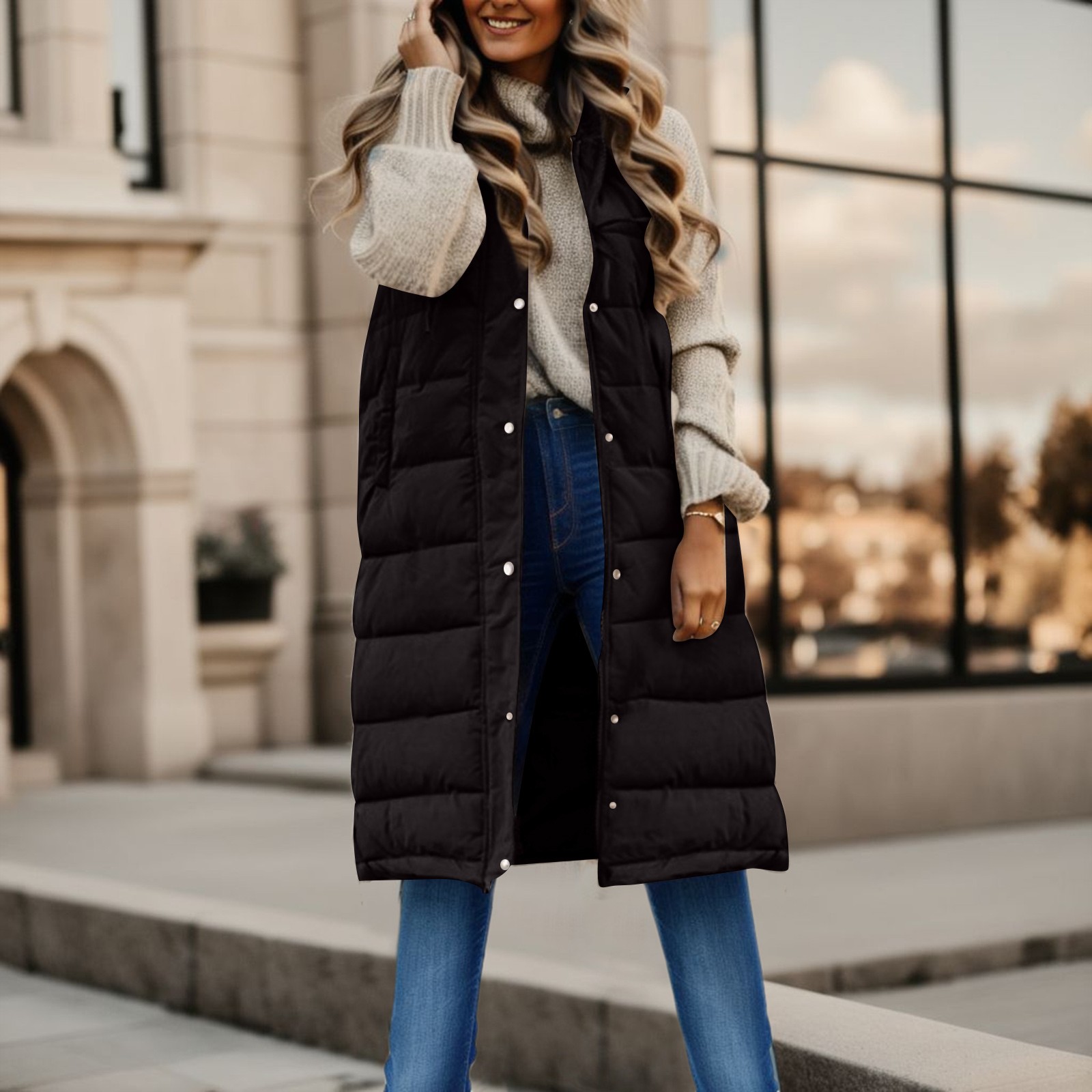 Winter Women's Long Quilted Jacket With Hood Outdoor Sleeveless Down Vest Winter Warm Quilted Coat With Pockets Thermal Parka: XL / Dark Grey