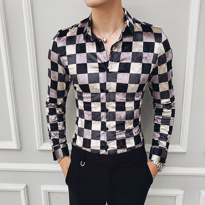 Plaid camisa hombre slim fit mænd street wear retro herre casual skjorter bomuld business kontor skjorte ternet fløjls skjorter