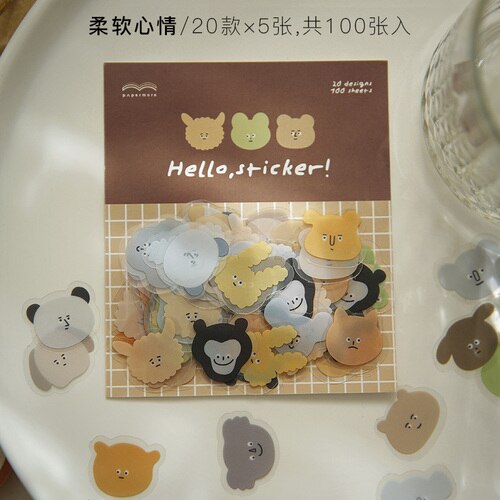 100 PCS PET Cute Cartoon Animal Micro Expressions Sticker for Scrapbooking Journal Decoration DIY Material: Yellow