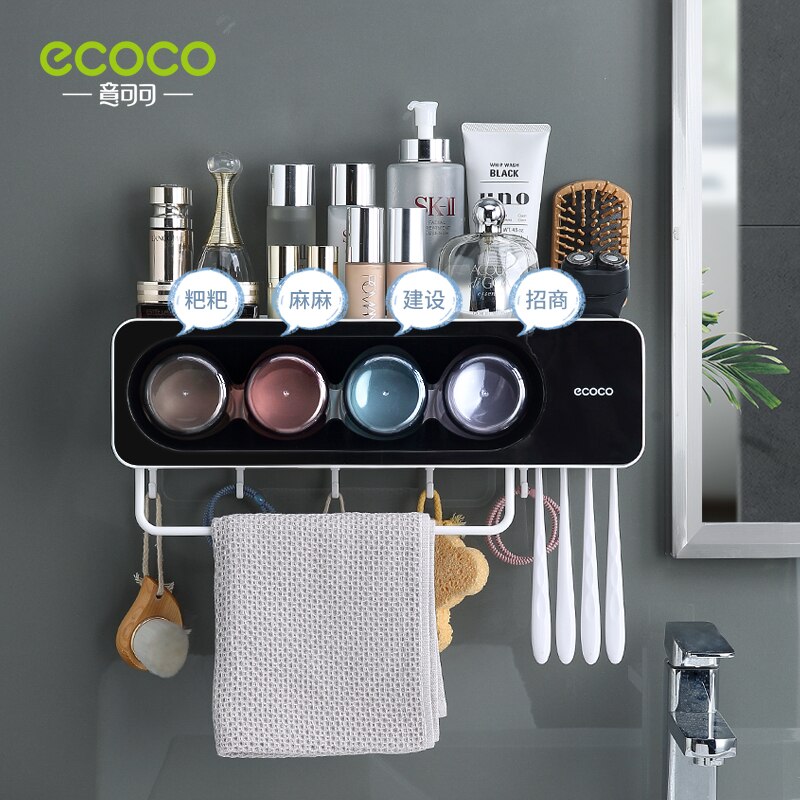 ECOCO Multifunctional Toothbrush Holder Towel Bar Free Punching Automatic Toothpaste Dispenser Squeezer Bathroom oom Accessories
