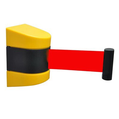 Max 10m belt length wall mounted retractable belt barrier with yellow / black striped caution belt for separated region: Red 5m