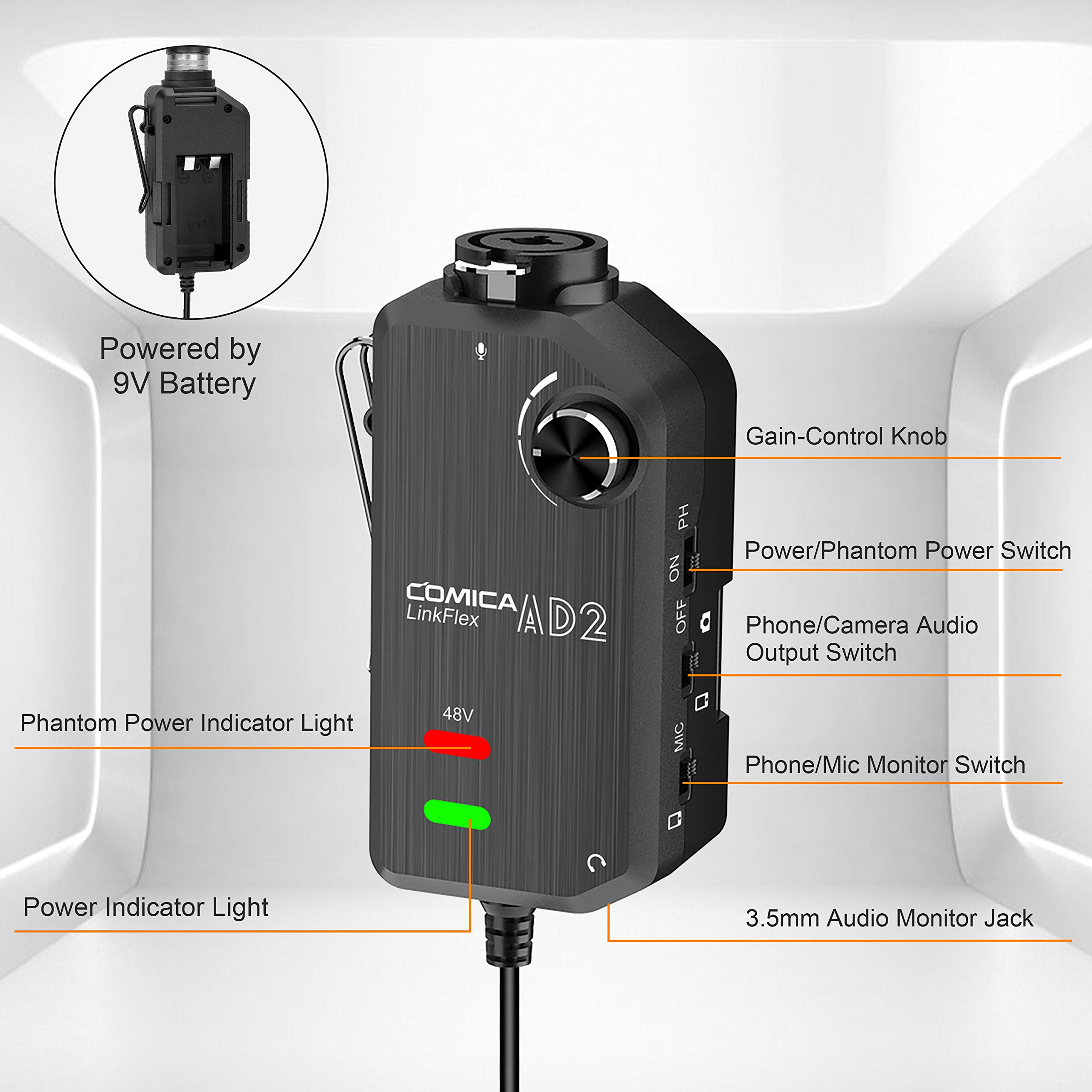 COMICA Linkflex AD2 Audio Interface 6.35mm Guitar Interface with Phantom Power For iPhone,iPad, iPod, Android, Nikon, Canon
