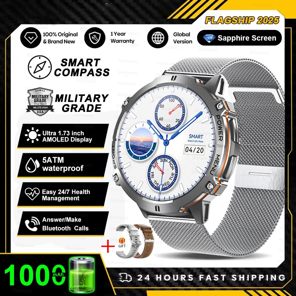 2025nuovo carro armato T3 ultra 2 GPS Astuto Della Vigilanza Degli Uomini Bussola Alltimetro 1000mAh Batteria 10ATM Impermeabile sport fitness AMOLED Chiama Orologi: Blu