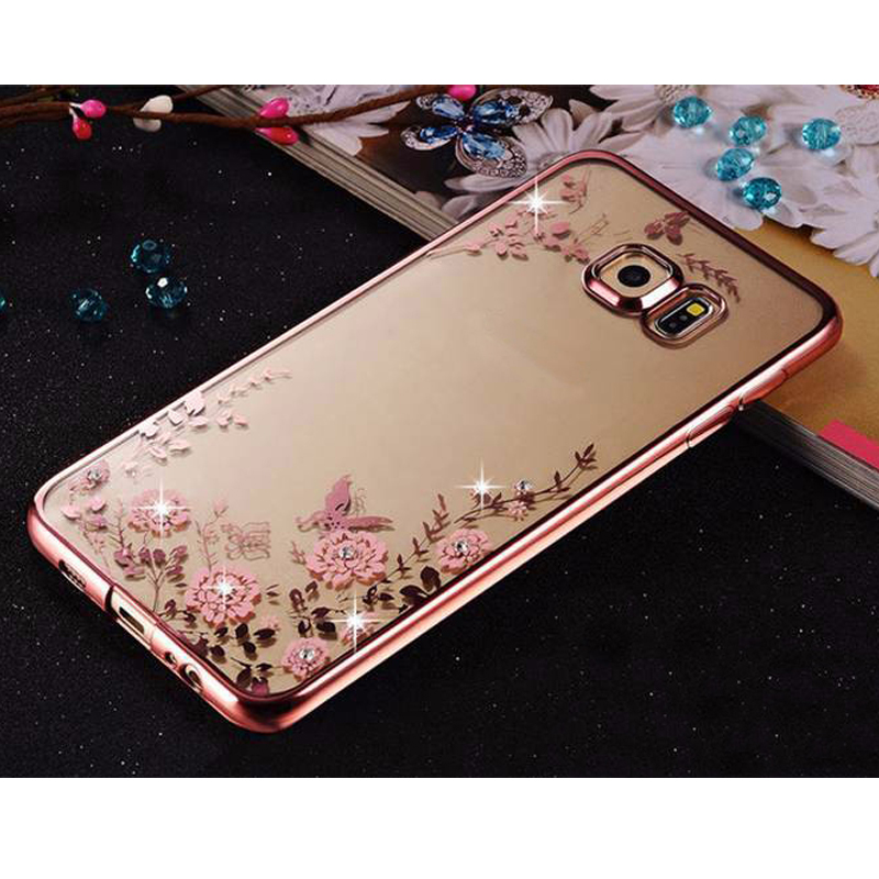 Sunjolly Flower Soft TPU Phone Case Rose Gold Bling Rhinestone Cover coque fundas for Samsung Galaxy A5 A7 J2 Pro J3 J4 J6