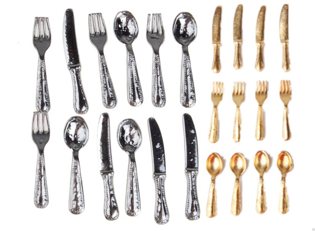 12Pcs 1/12 Dollhouse Miniature Stainless Steel Tableware Set knife spoon fork Classic Pretend Play Kitchen Furniture Toy