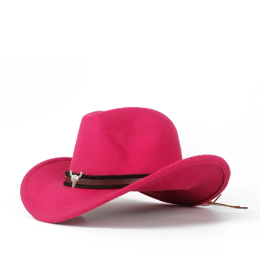Child Kids Wool Hollow Western Cowboy Hat Roll-up Brim boy girl Outblack Sombrero Hombre Jazz Cap: Rose red