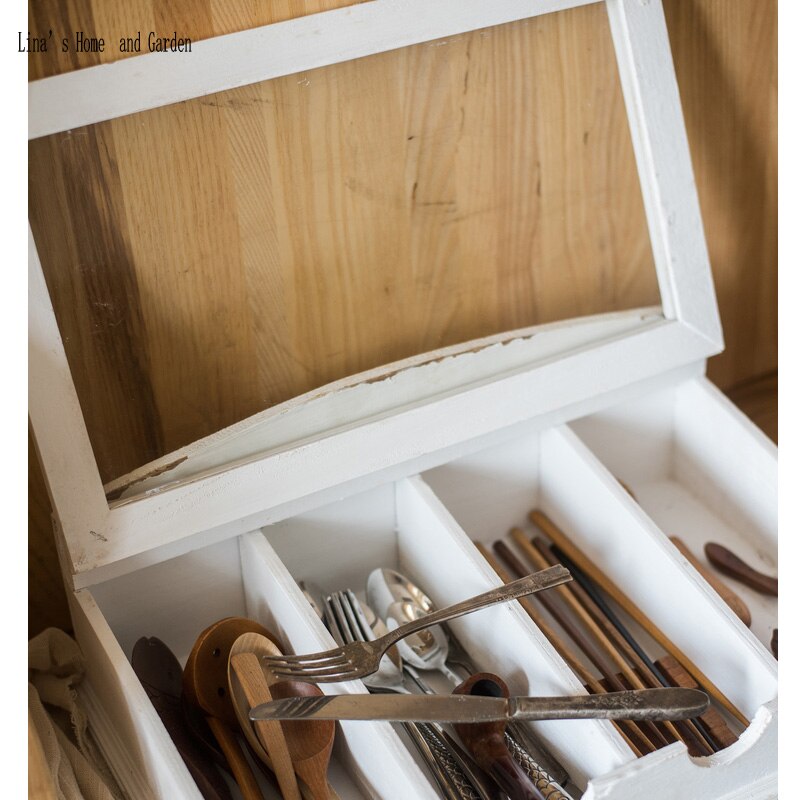 slanted shabby white antique wooden cutlery box with glass hinged lid
